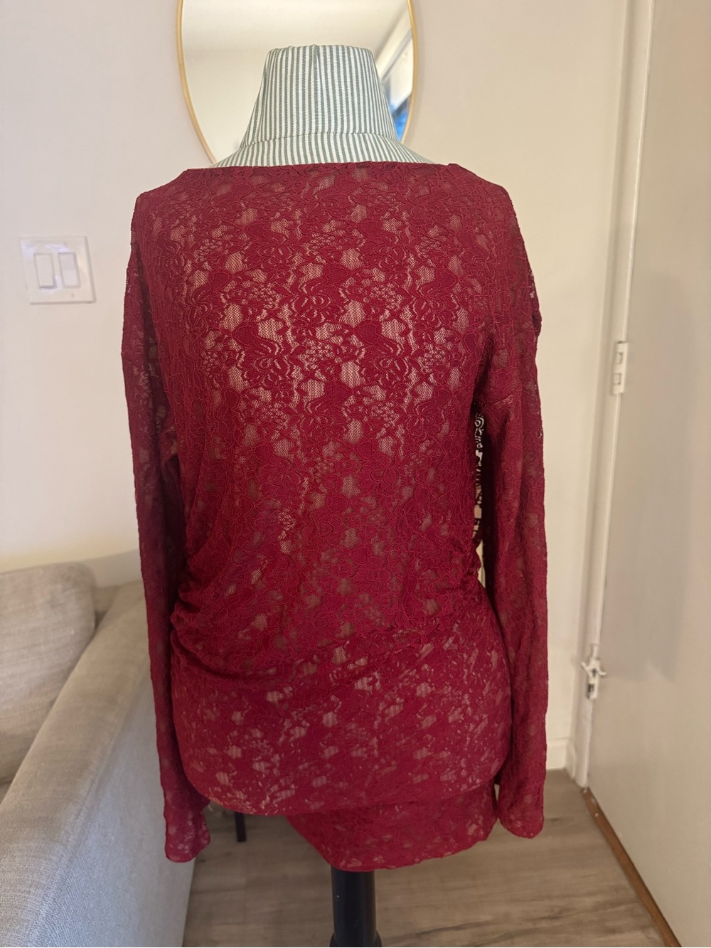 Fashion Nova Burgundy Lace Long-Sleeve Scoop Neck Sweater